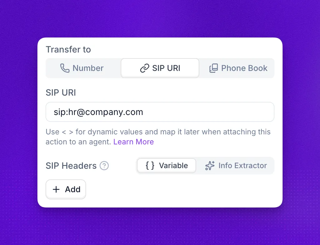 SIP transfer destination with a SIP URI and SIP headers in the call transfer action