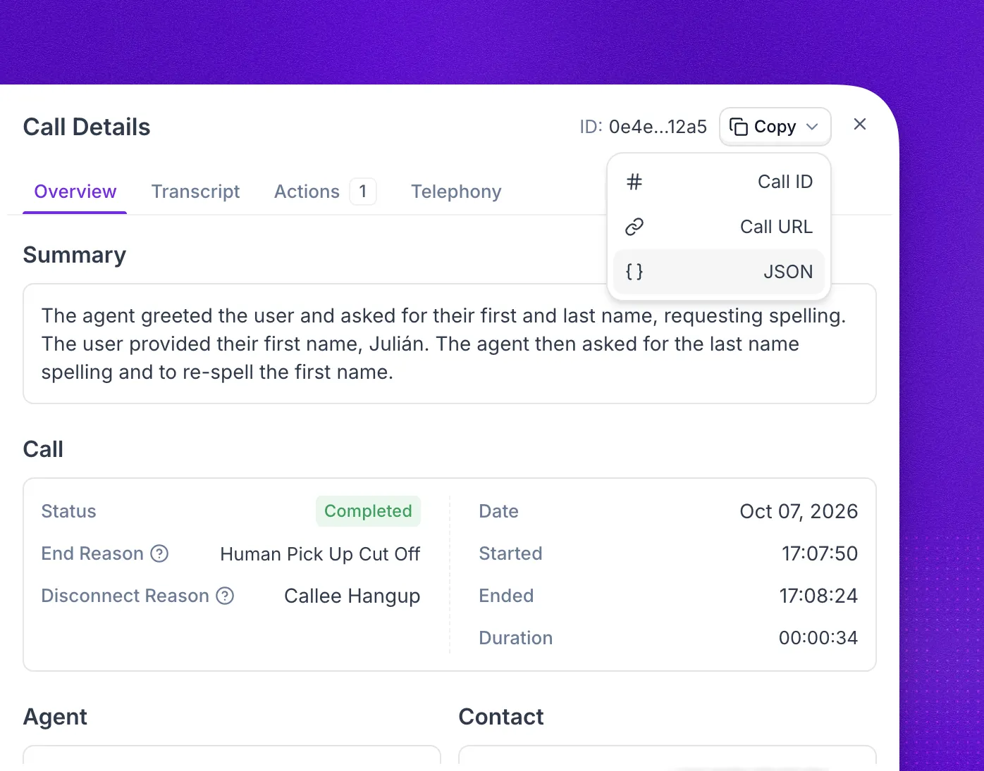 Call overview with end reason, disconnect reason, voicemail result, and the Transfer section