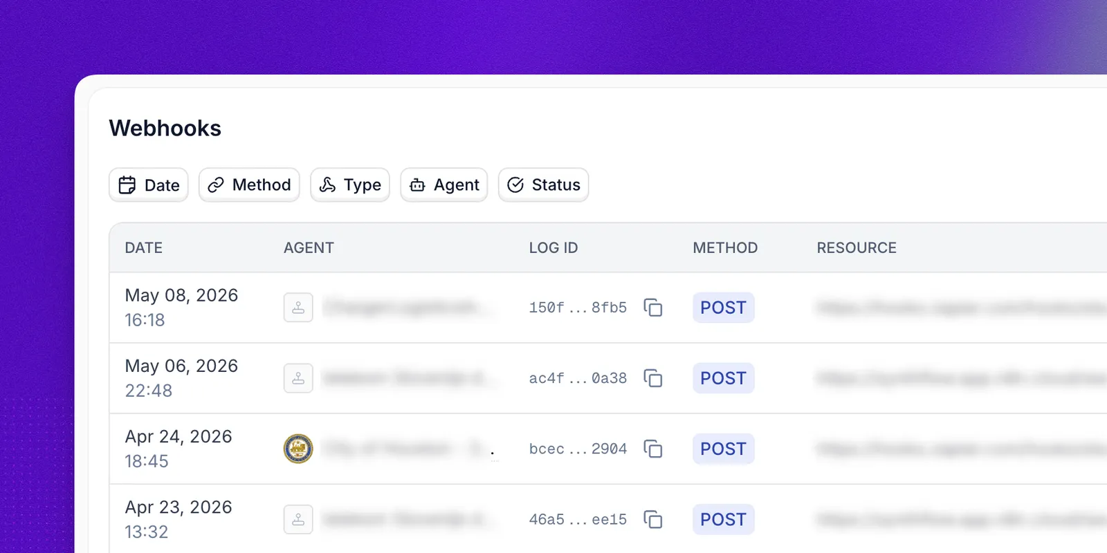 Webhook logs table with delivery status and response time