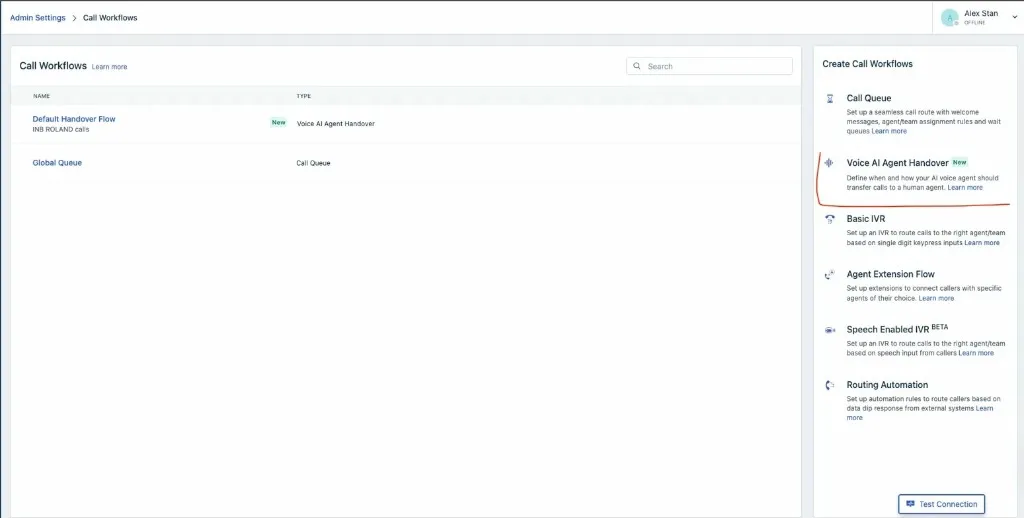 Create Call Workflows panel in Freshworks with Voice AI Agent Handover selected