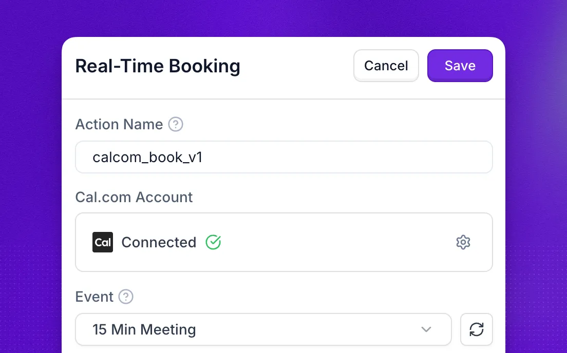Real-Time Booking action configured with a connected Cal.com account, a selected event, and a lead_email variable