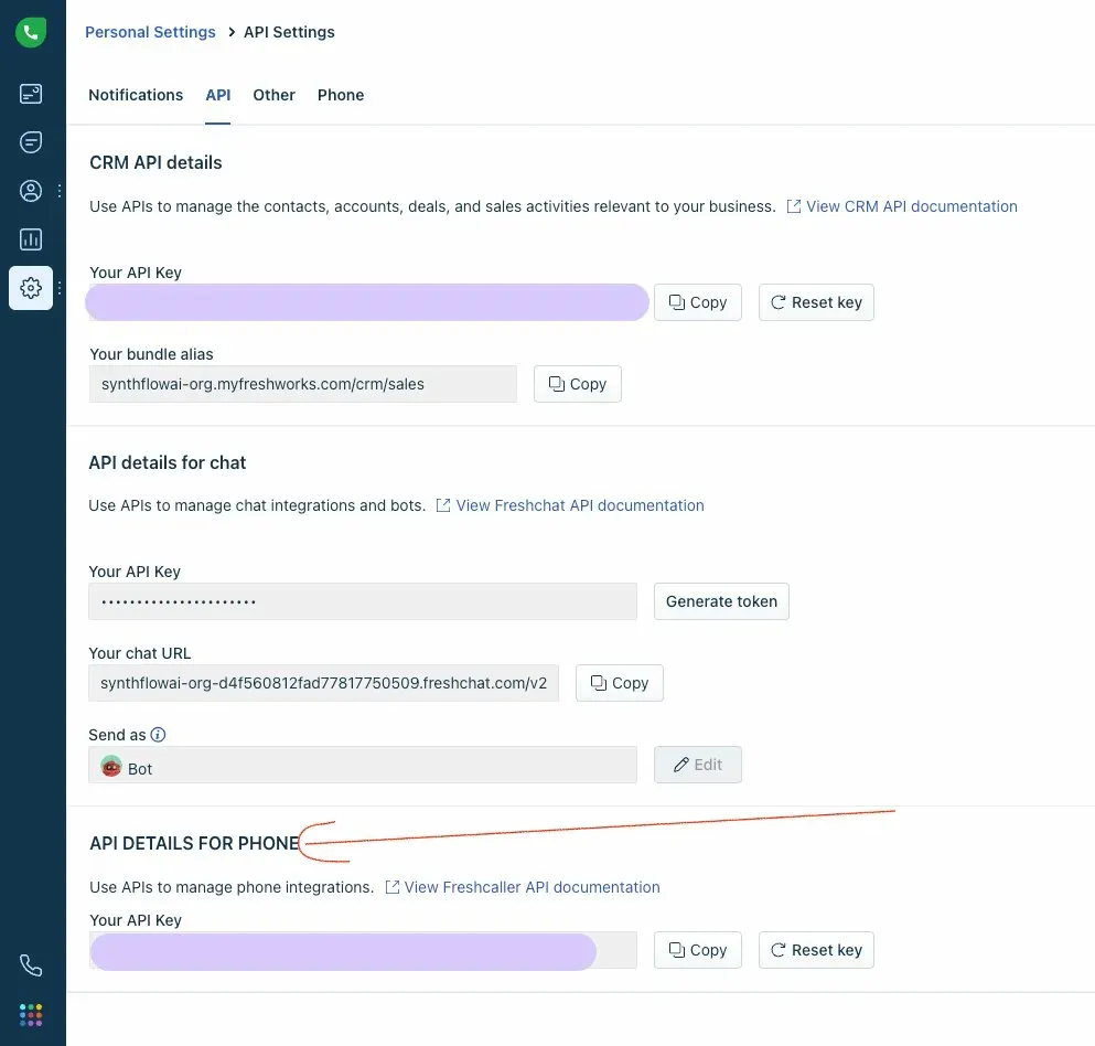 Freshworks API settings with the API Details for Phone section expanded