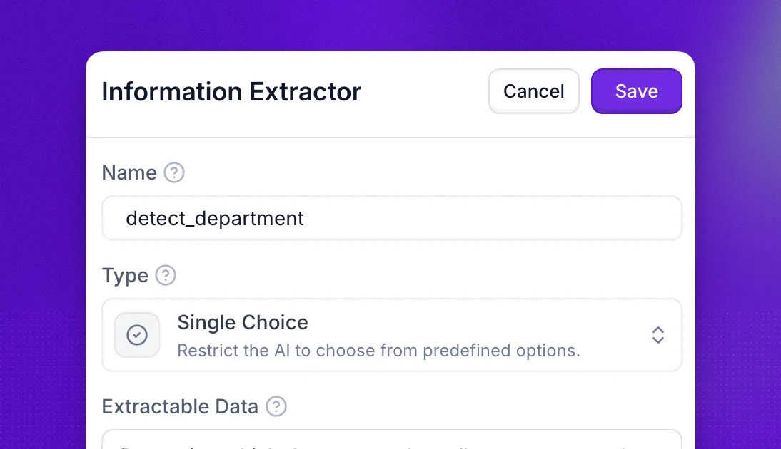 Information Extractor configured as a Single Choice extractor named detect_department, with predefined options for routing callers to the right team