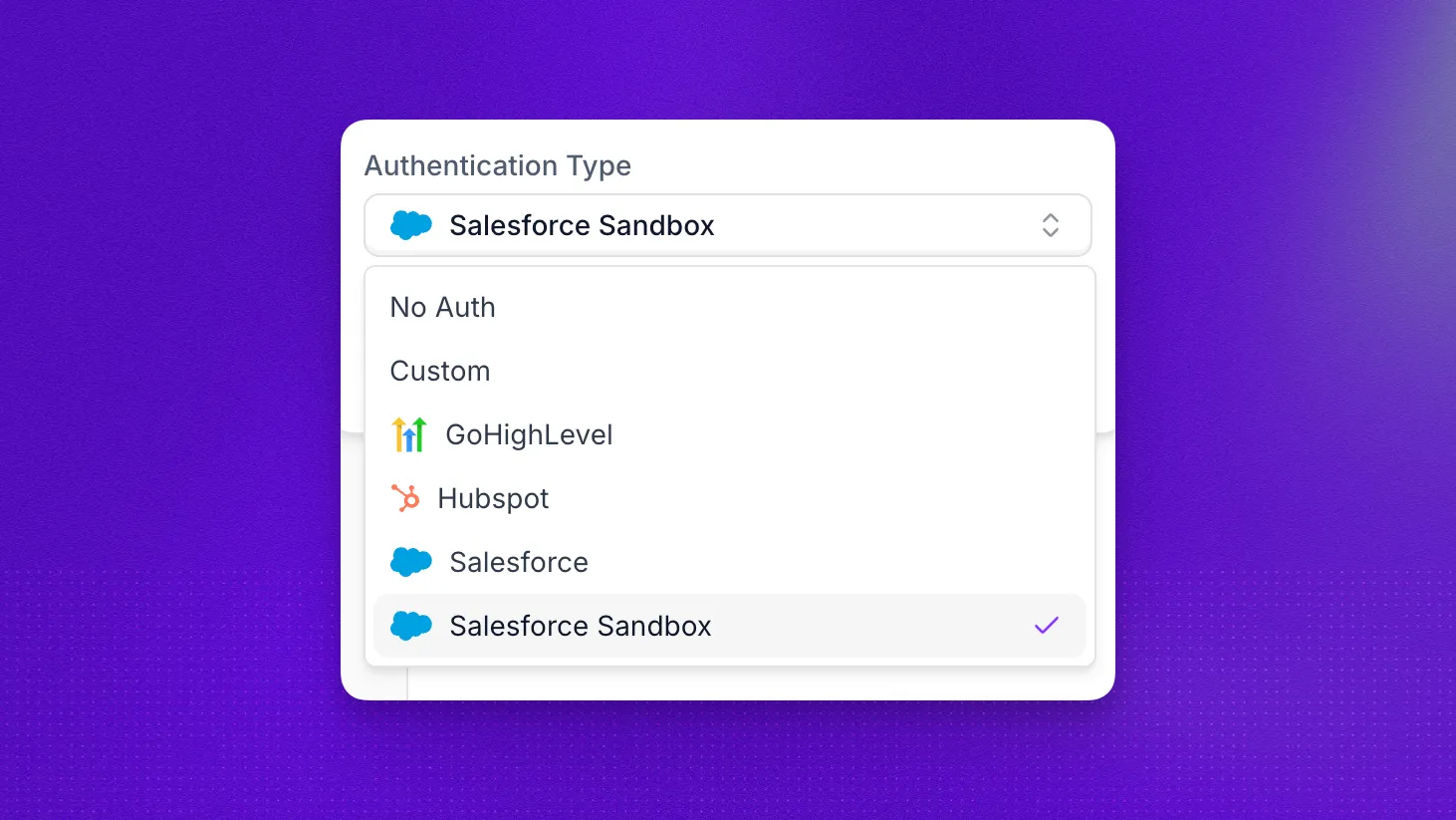 Authentication type menu with Salesforce and Salesforce Sandbox options