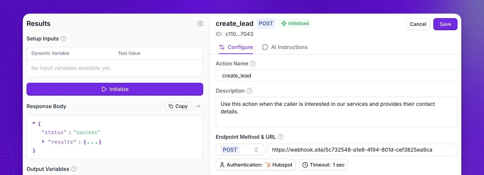 Custom action named create_lead, configured as a POST request to a webhook endpoint with HubSpot authentication, alongside the Results panel showing setup inputs, an Initialize button, and a successful response body
