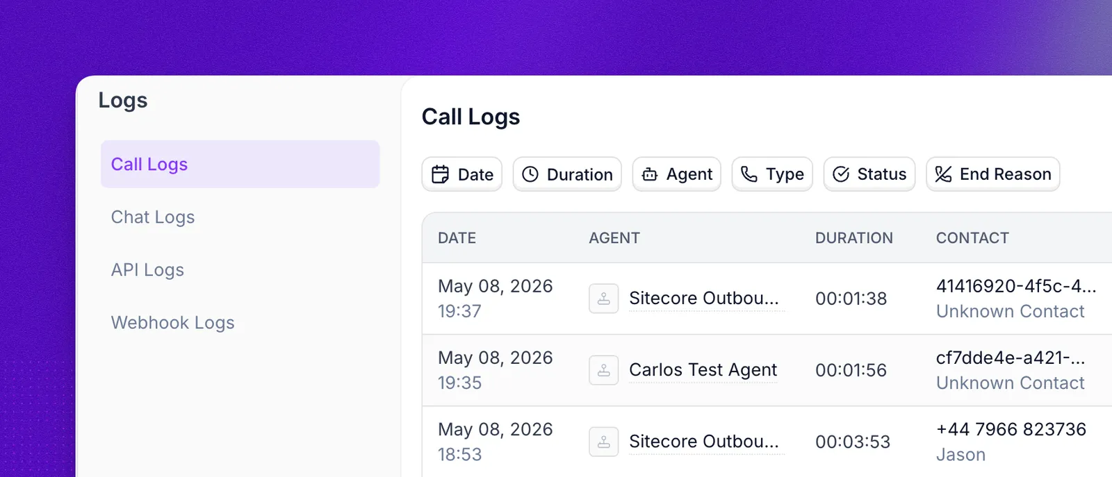 Logs page in the Synthflow dashboard