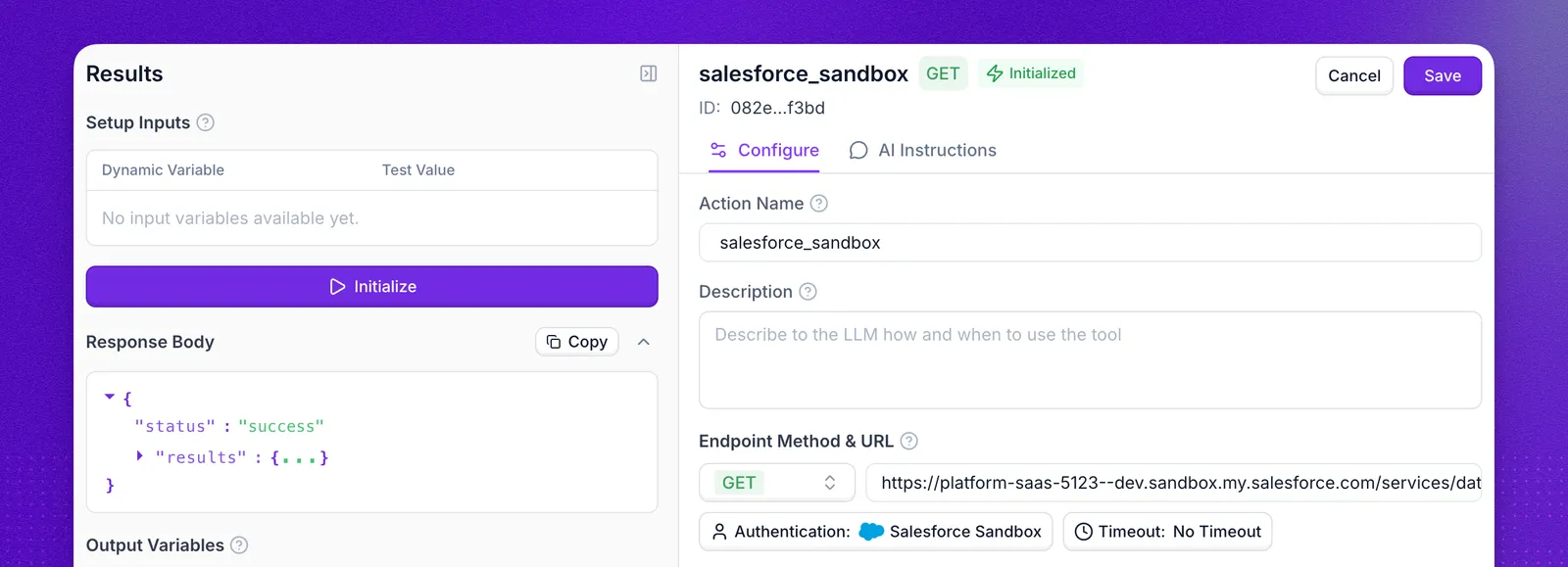 Custom action configured for Salesforce Sandbox with GET method, Salesforce Sandbox authentication, and initialized status