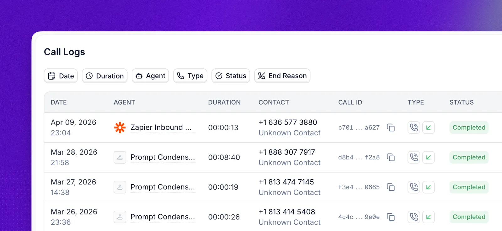 Call details drawer with overview, transcript, and actions