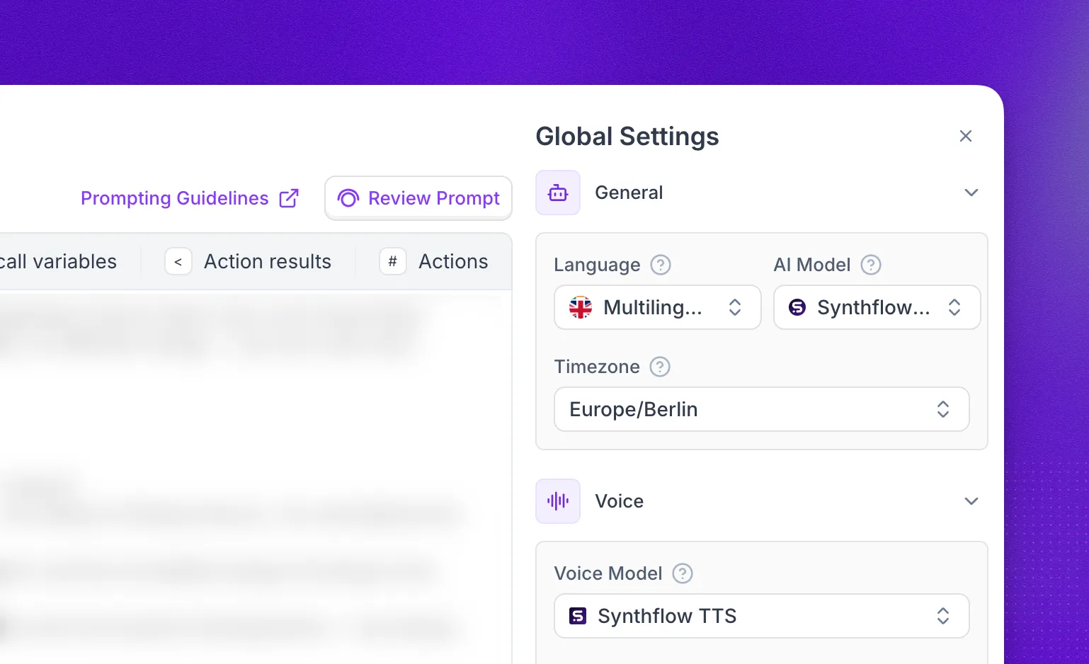 Synthflow TTS selected as the voice model on a Multilingual agent