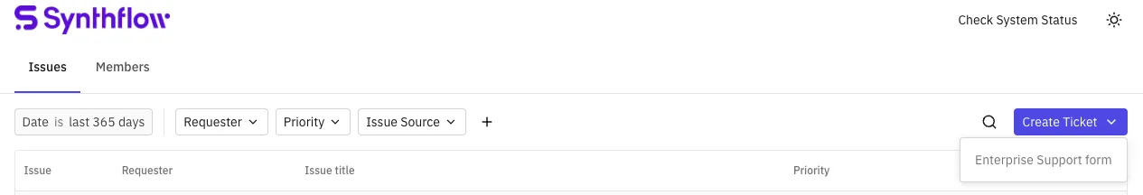 Create Ticket menu open on the portal homepage, showing Enterprise Support form