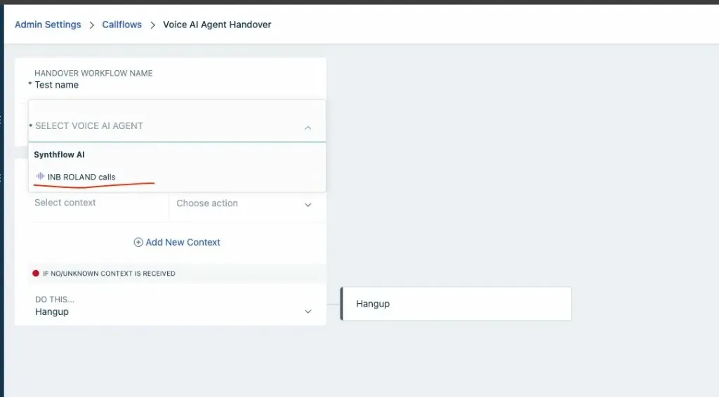 Select Voice AI Agent dropdown in the Freshcaller handover workflow