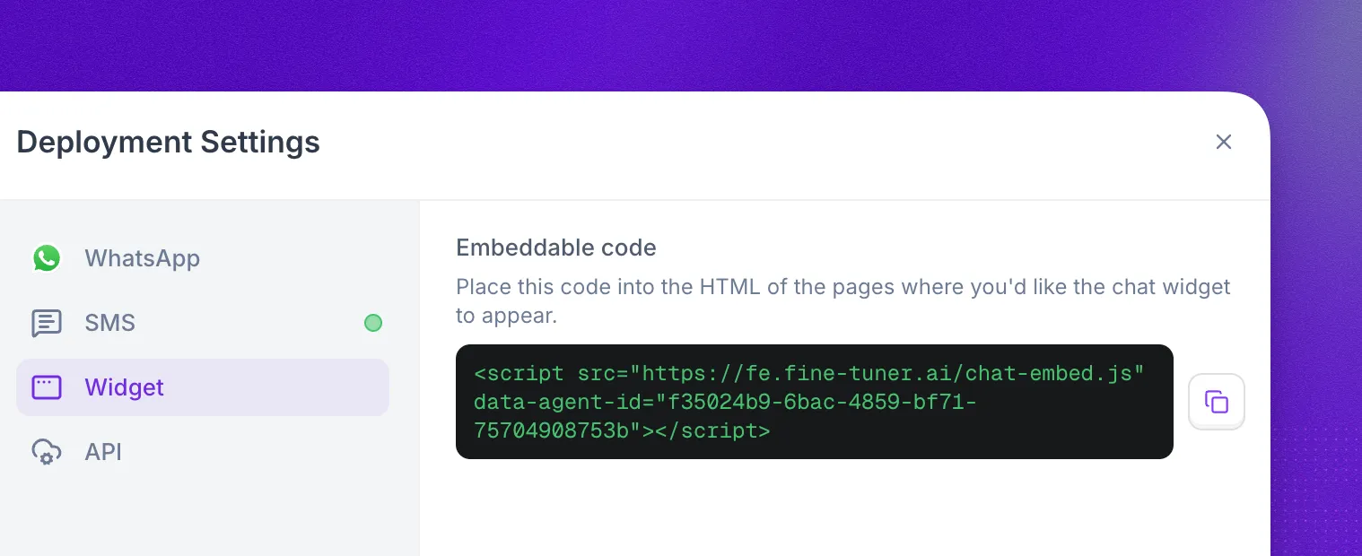 Deployment Settings for a chat agent with WhatsApp, SMS, Widget, and API channels, showing the widget's embeddable code