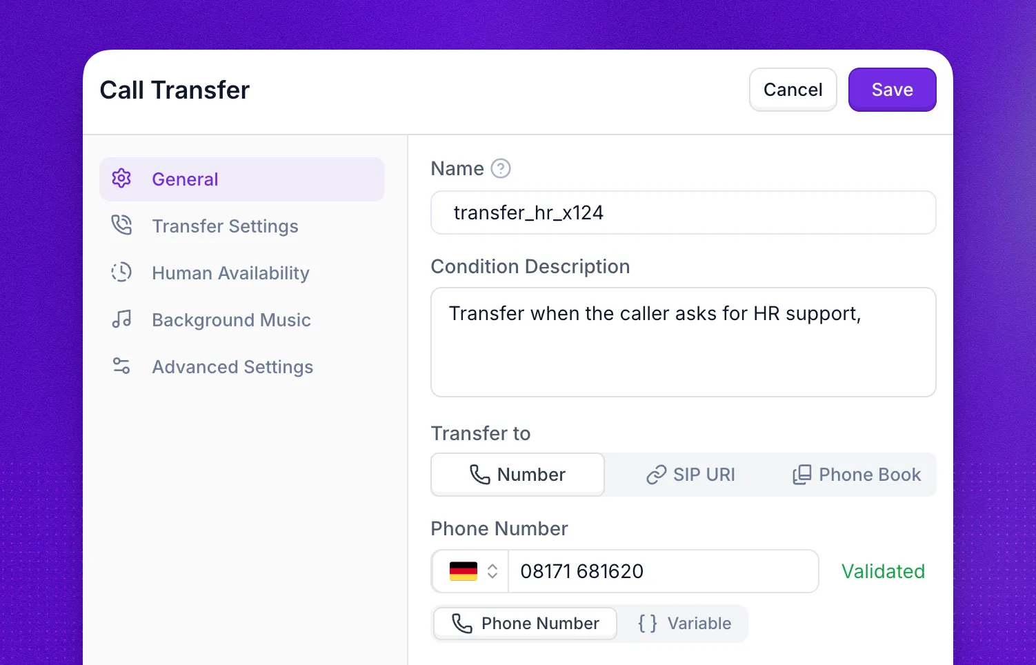 Call transfer action configuration in the Synthflow agent editor