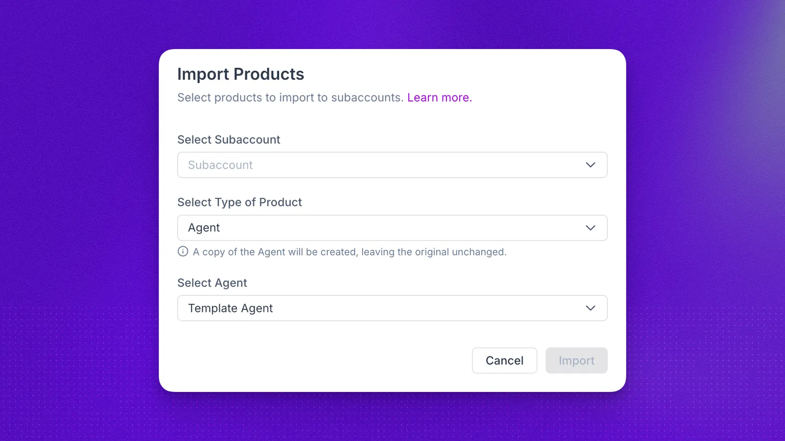 Products page Import button