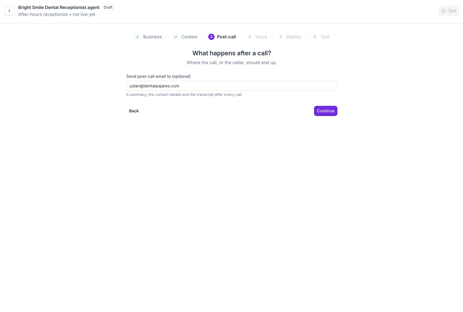 Post-call step: post-call email address