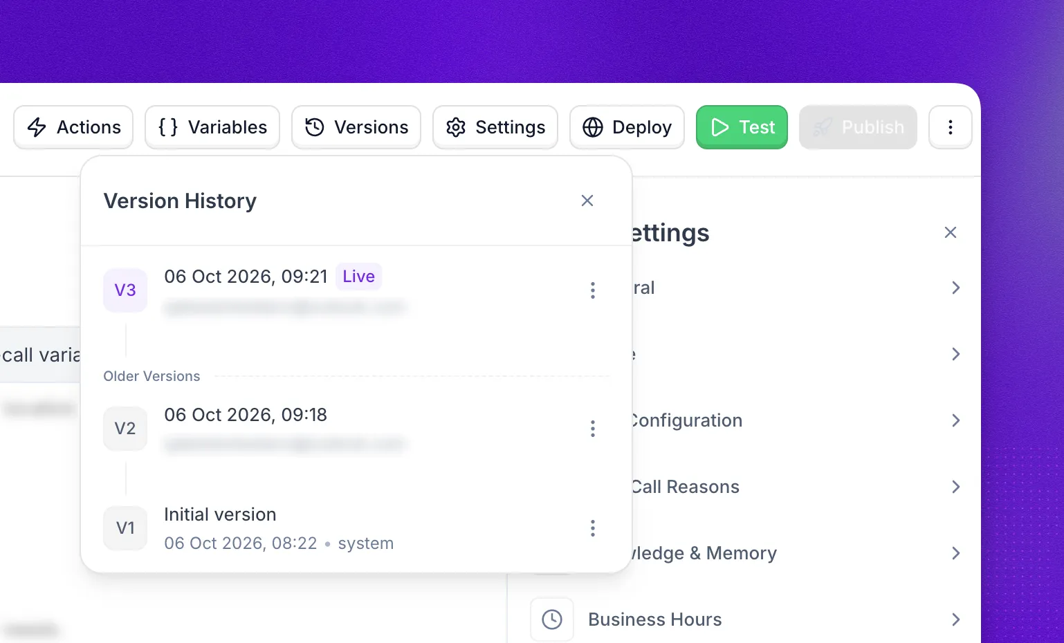 Version History panel listing four agent versions, with V4 (ElevenLabs v3) marked as Published and V3, V2, and V1 marked as Archive