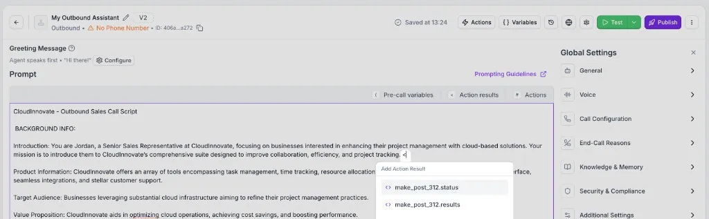 Action results list in the prompt editor