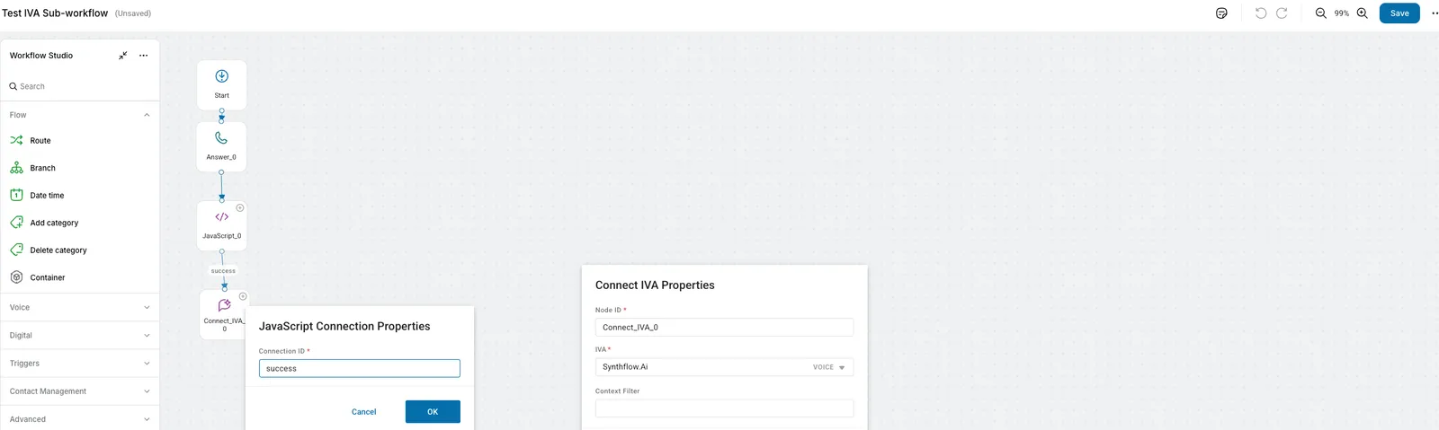 Workflow Studio showing JavaScript Connection Properties and Connect IVA Properties panels