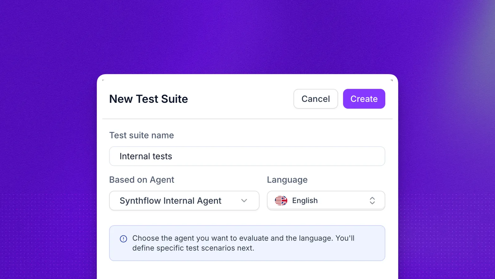 New Test Suite dialog with fields to pick the target agent and the language for the simulated conversations