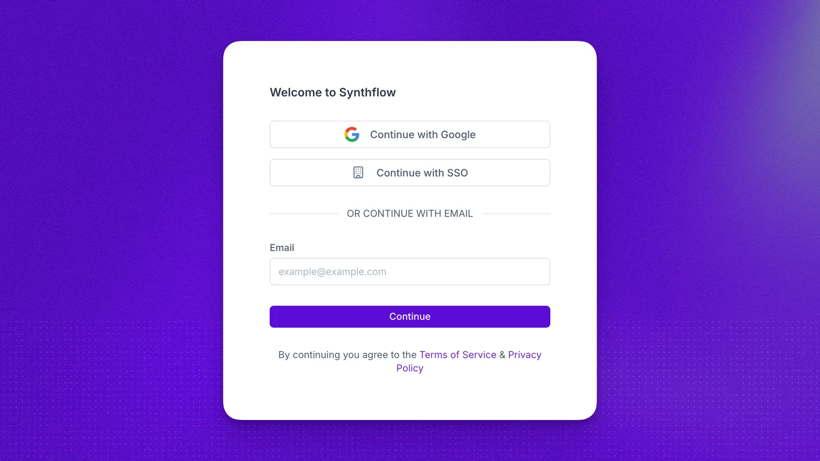 Synthflow account access screen with Google, SSO, and email login options