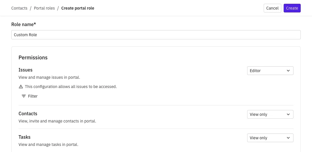 Create portal role screen with access levels for Issues, Contacts, and Tasks