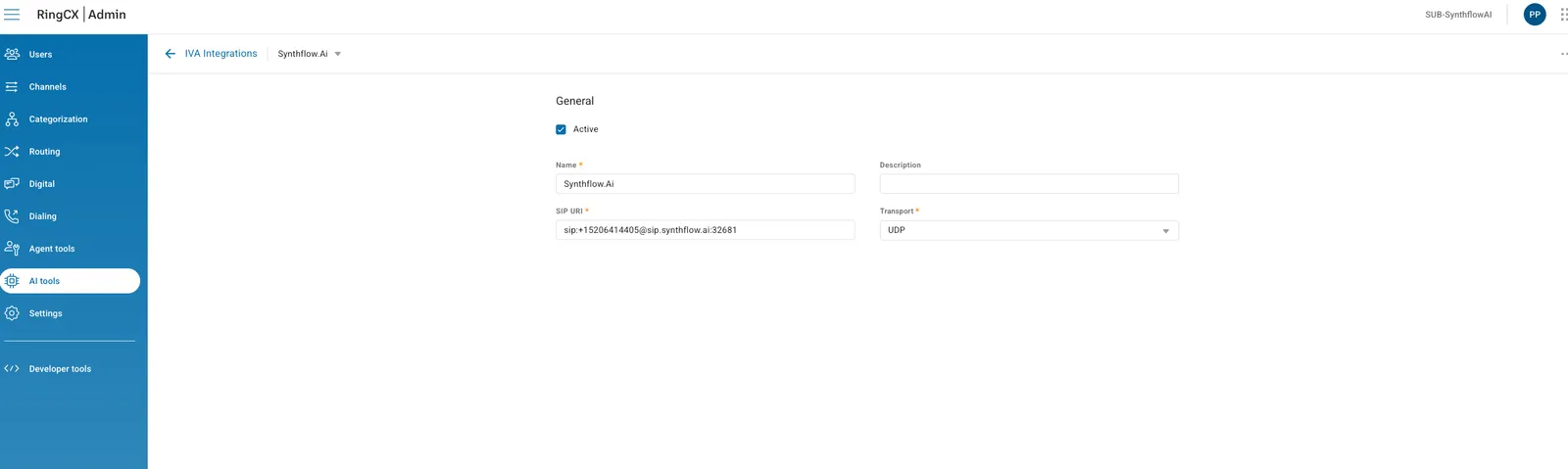 RingCX IVA Integrations page showing the Synthflow integration with SIP URI and transport settings