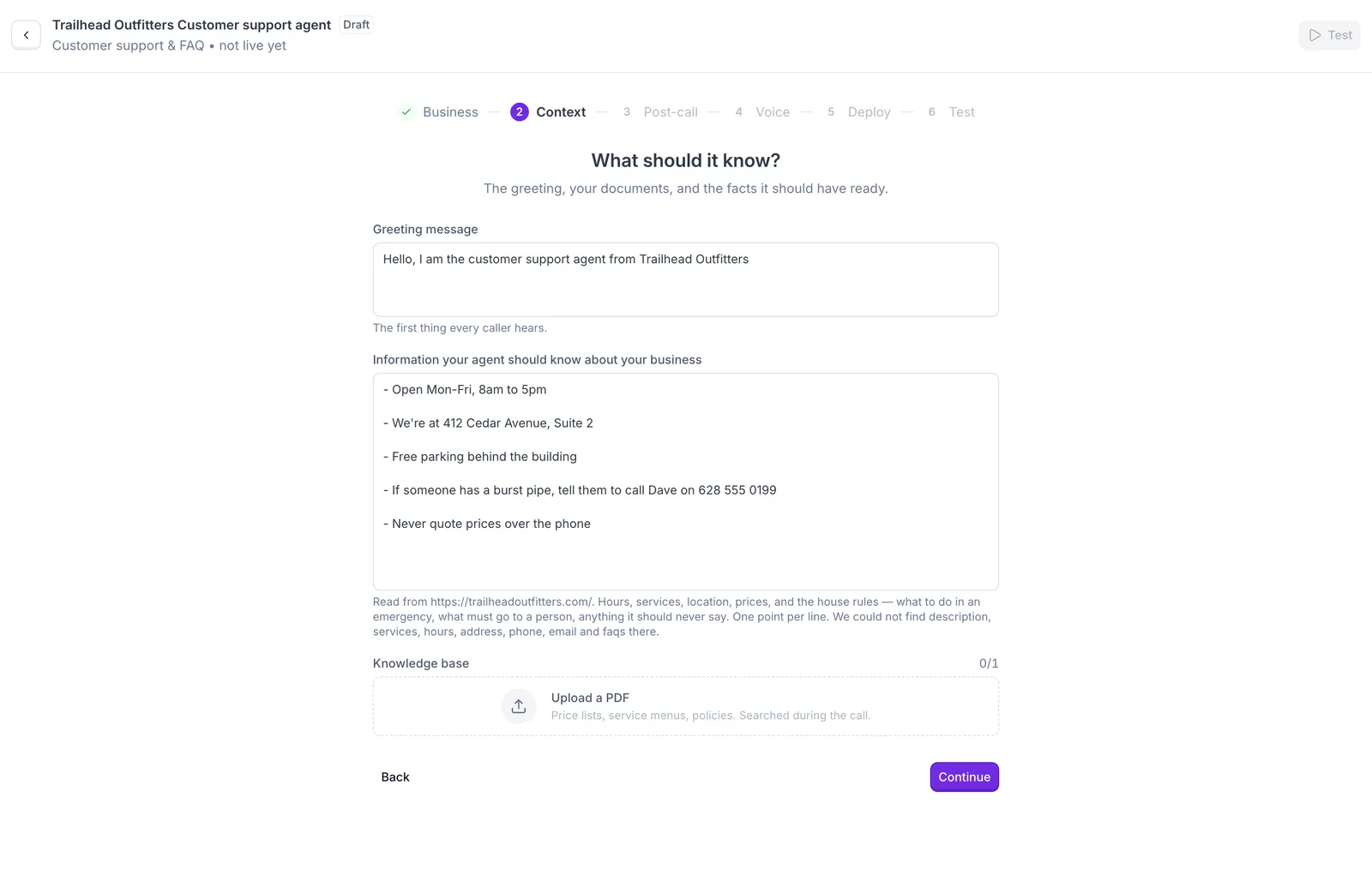 Context step: greeting message, business information, and knowledge base
