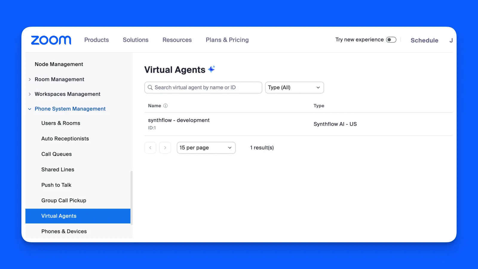Zoom Virtual Agents page showing the Synthflow virtual agent