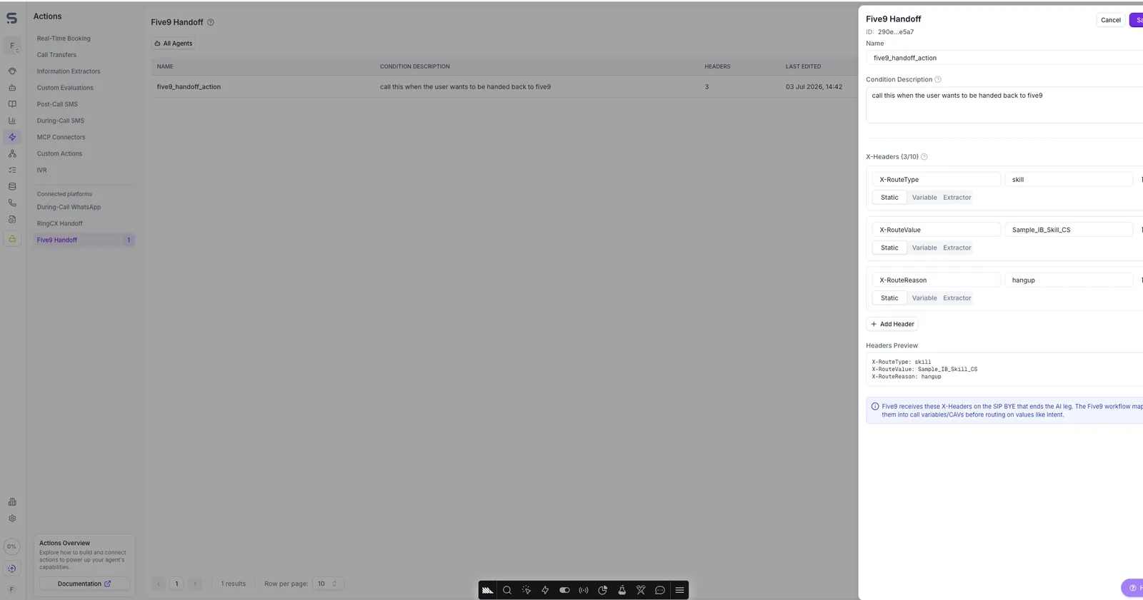 Synthflow Five9 Handoff action configuration showing the condition description, the required X-RouteType, X-RouteValue, and X-RouteReason headers, and the headers preview
