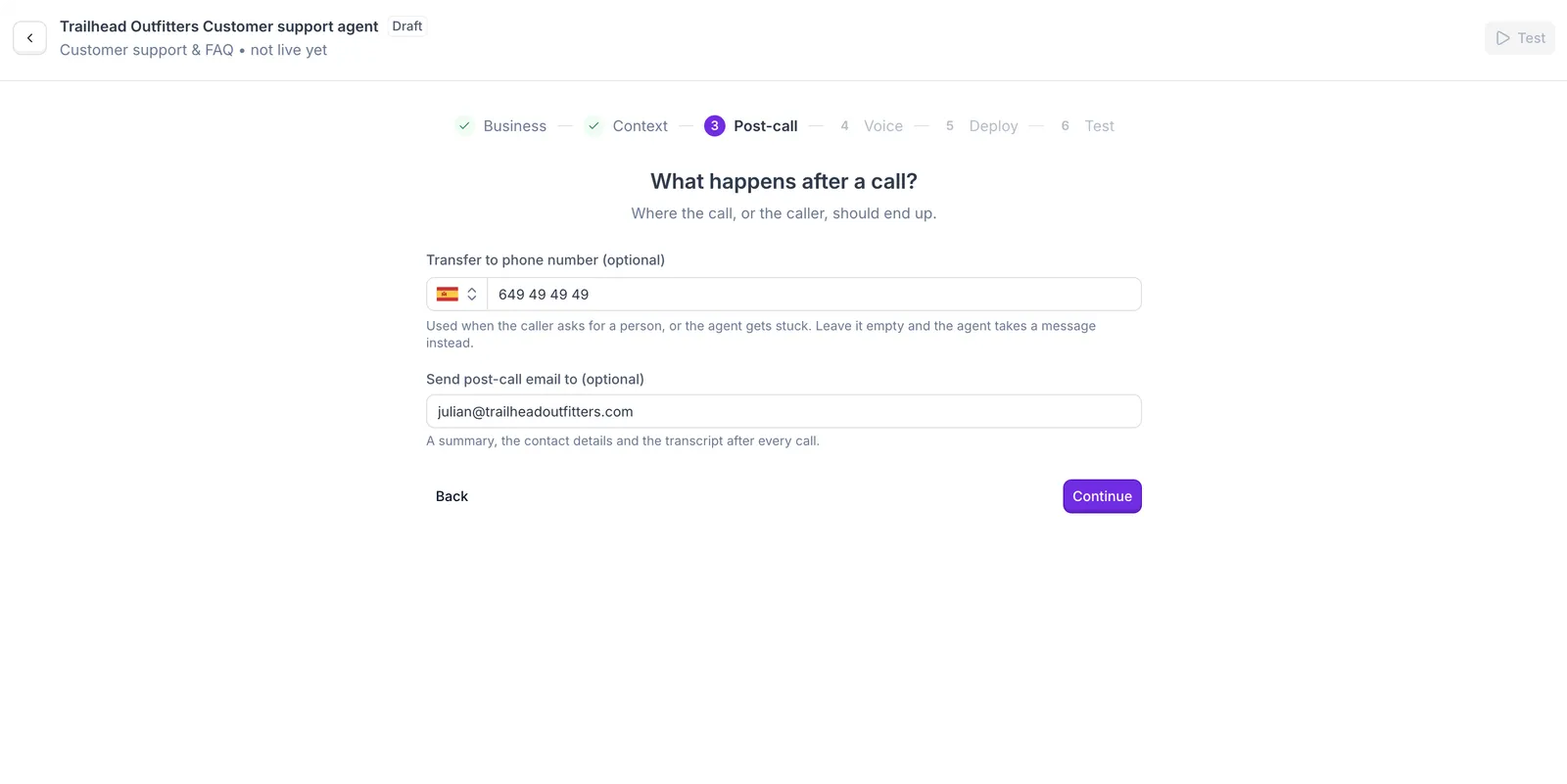 Post-call step: transfer number and post-call email address