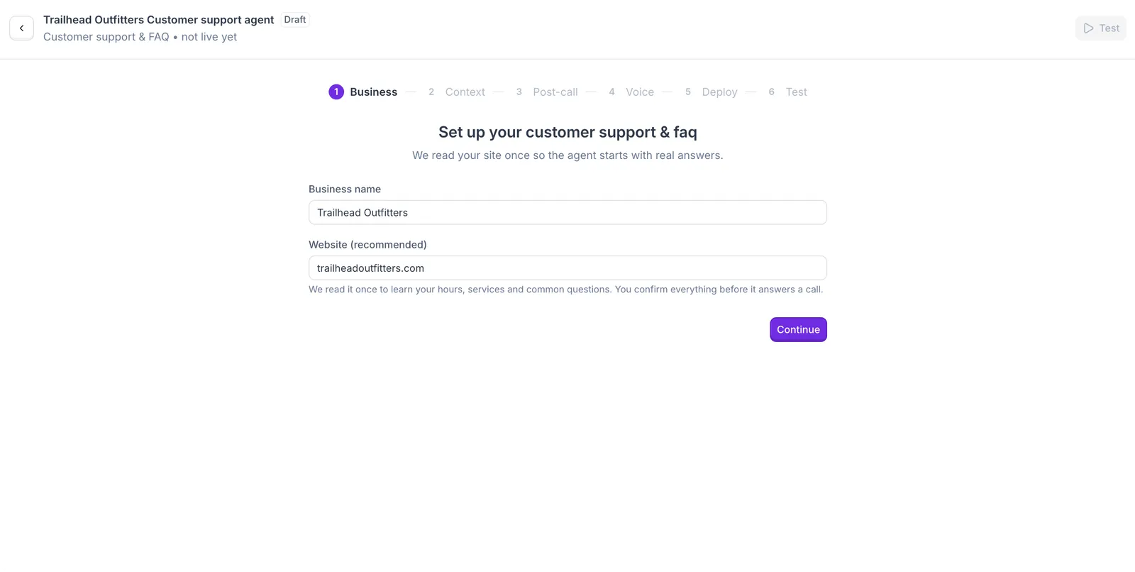 Business step: business name and website
