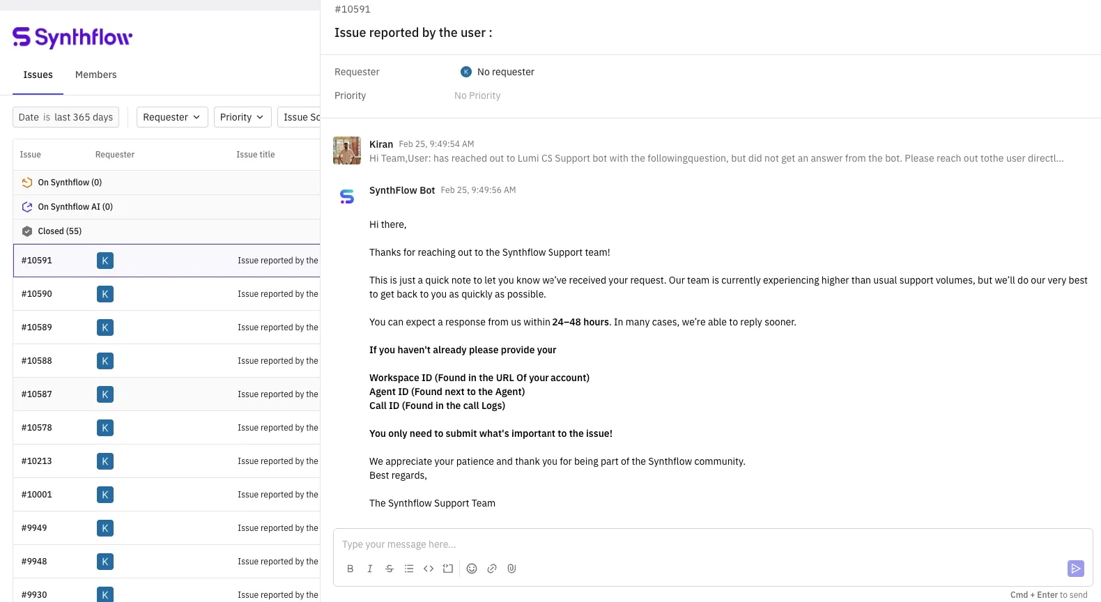 Customer Portal ticket list next to an open ticket conversation
