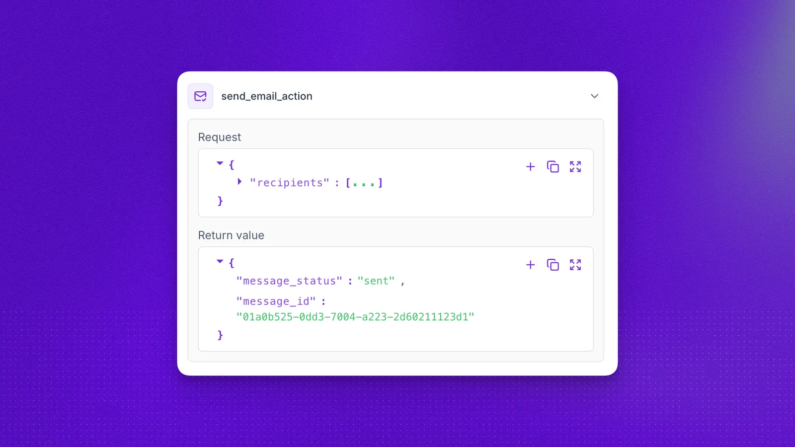 Post-call email entry expanded in the Actions tab of call details, showing the recipients and a sent message status