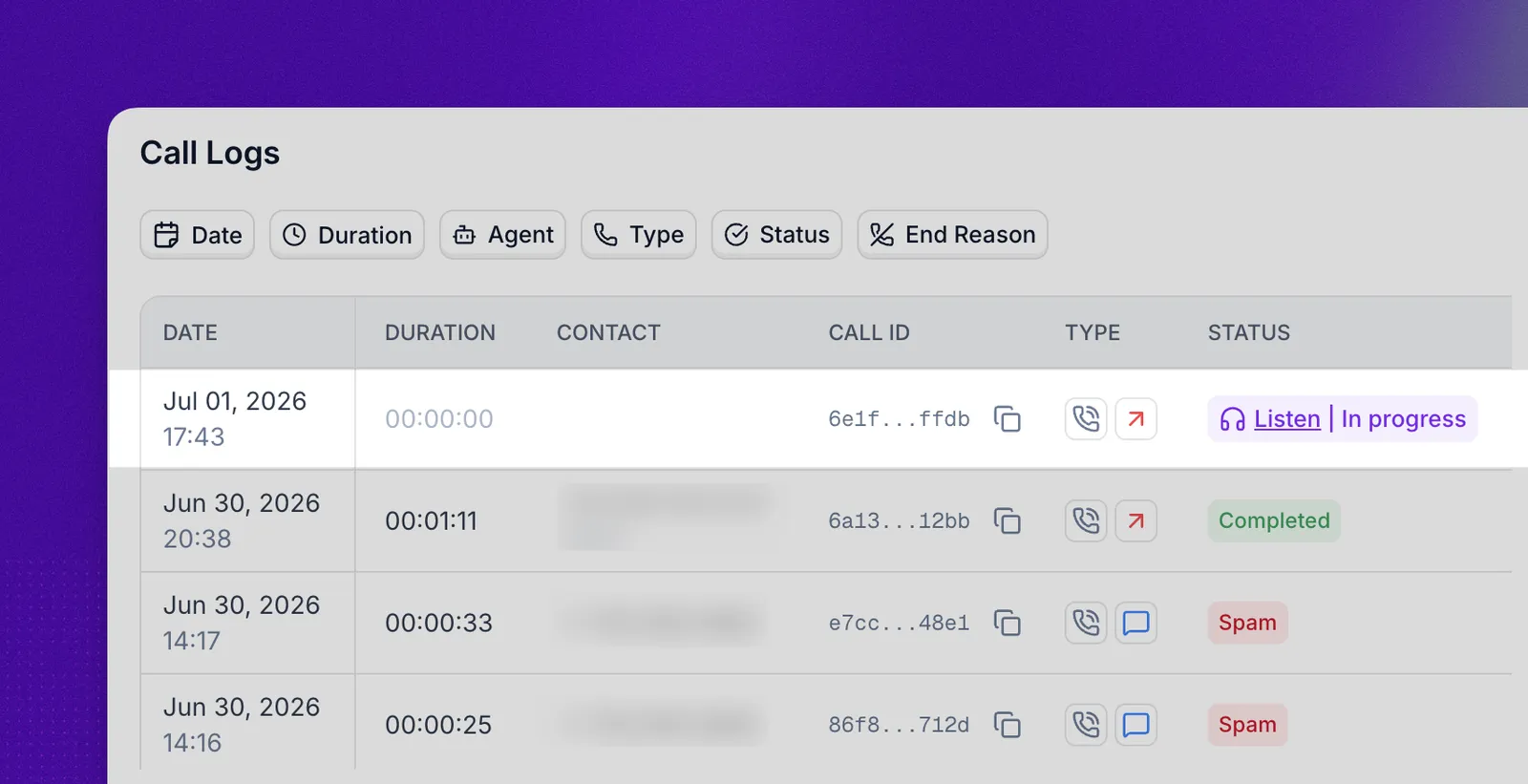 Listen in to a live call from Call logs