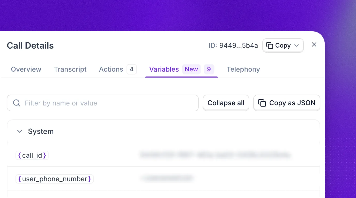 Variables tab in Call Details with the filter, Collapse all and Copy as JSON controls, and the System group listing call_id and user_phone_number