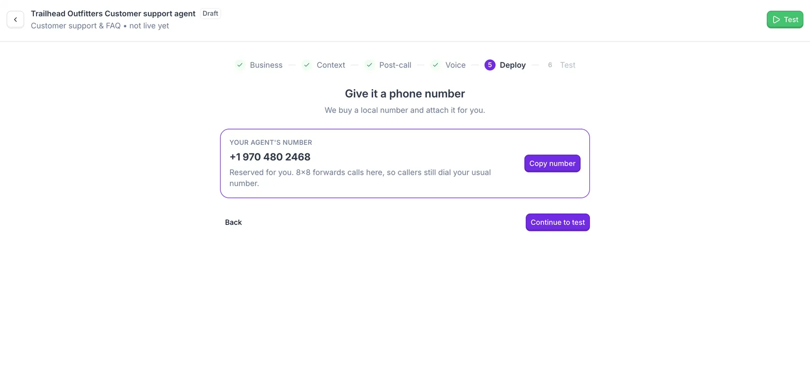 Deploy step: your agent's phone number
