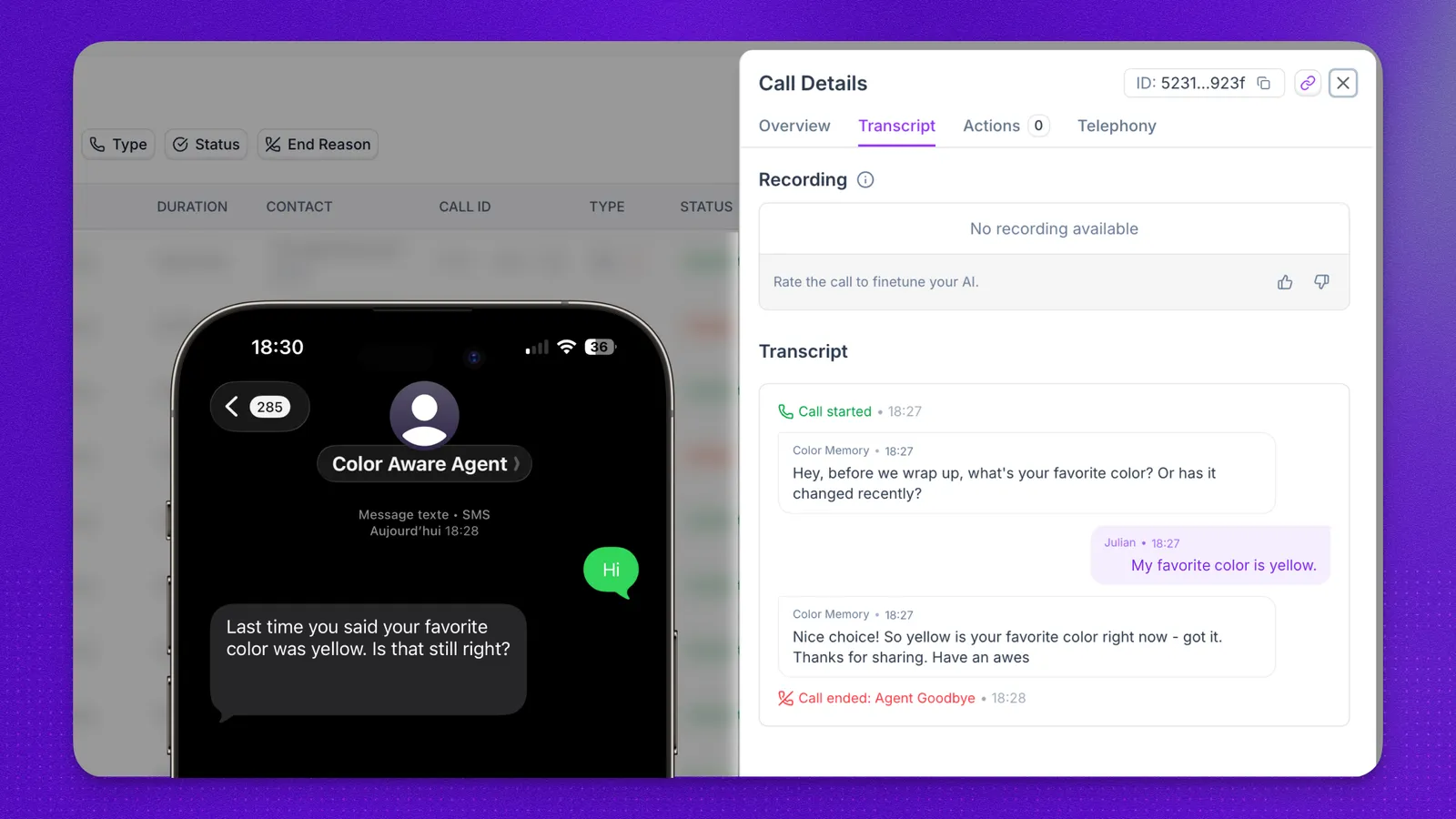 Cross-channel memory sharing a contact's favorite color from a voice call transcript into a later SMS conversation