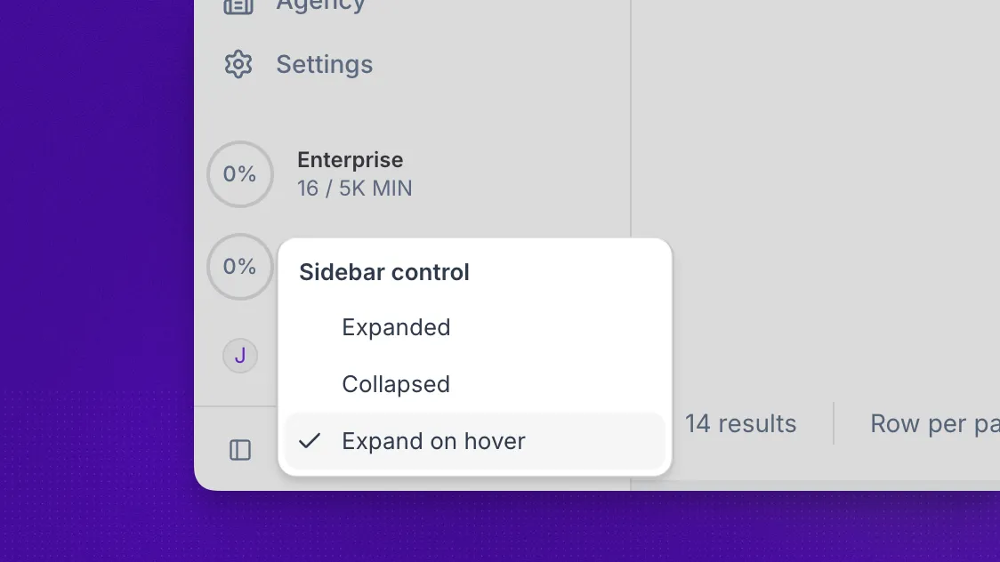 Sidebar control in the bottom left corner