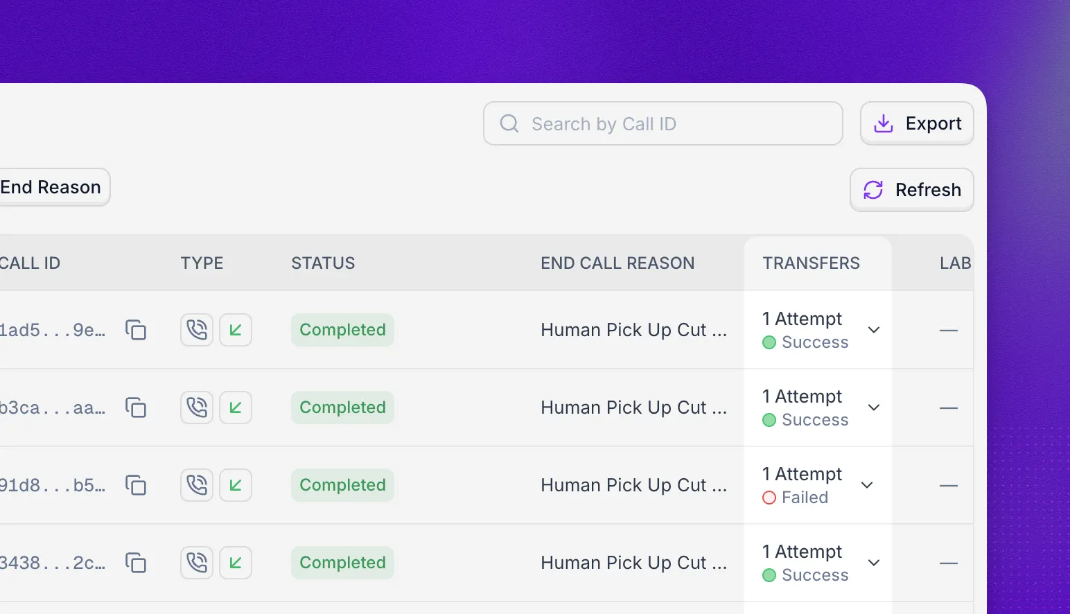 Call logs table with the Transfers column showing one attempt per call, marked Success or Failed