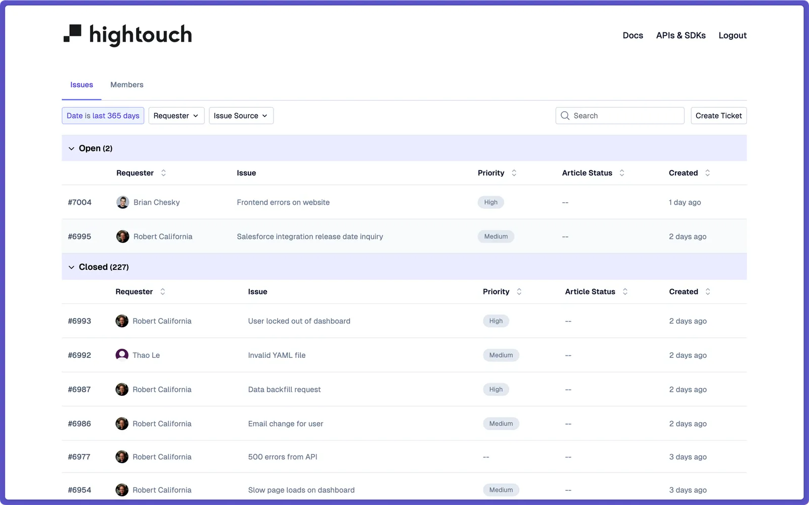 Customer Portal reference view with the Issues tab listing open and closed tickets