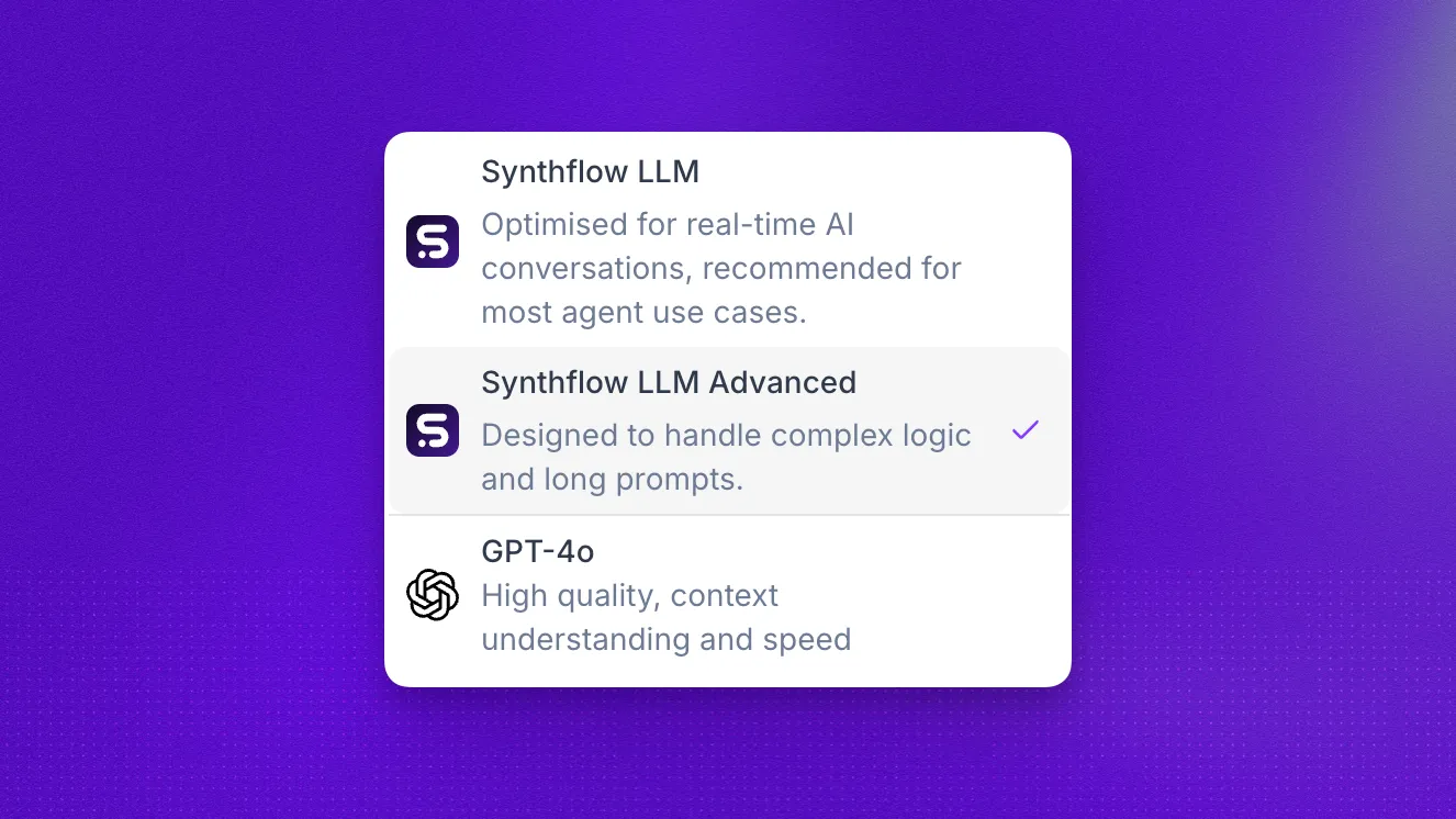 Advanced Synthflow LLM option in the agent model selector