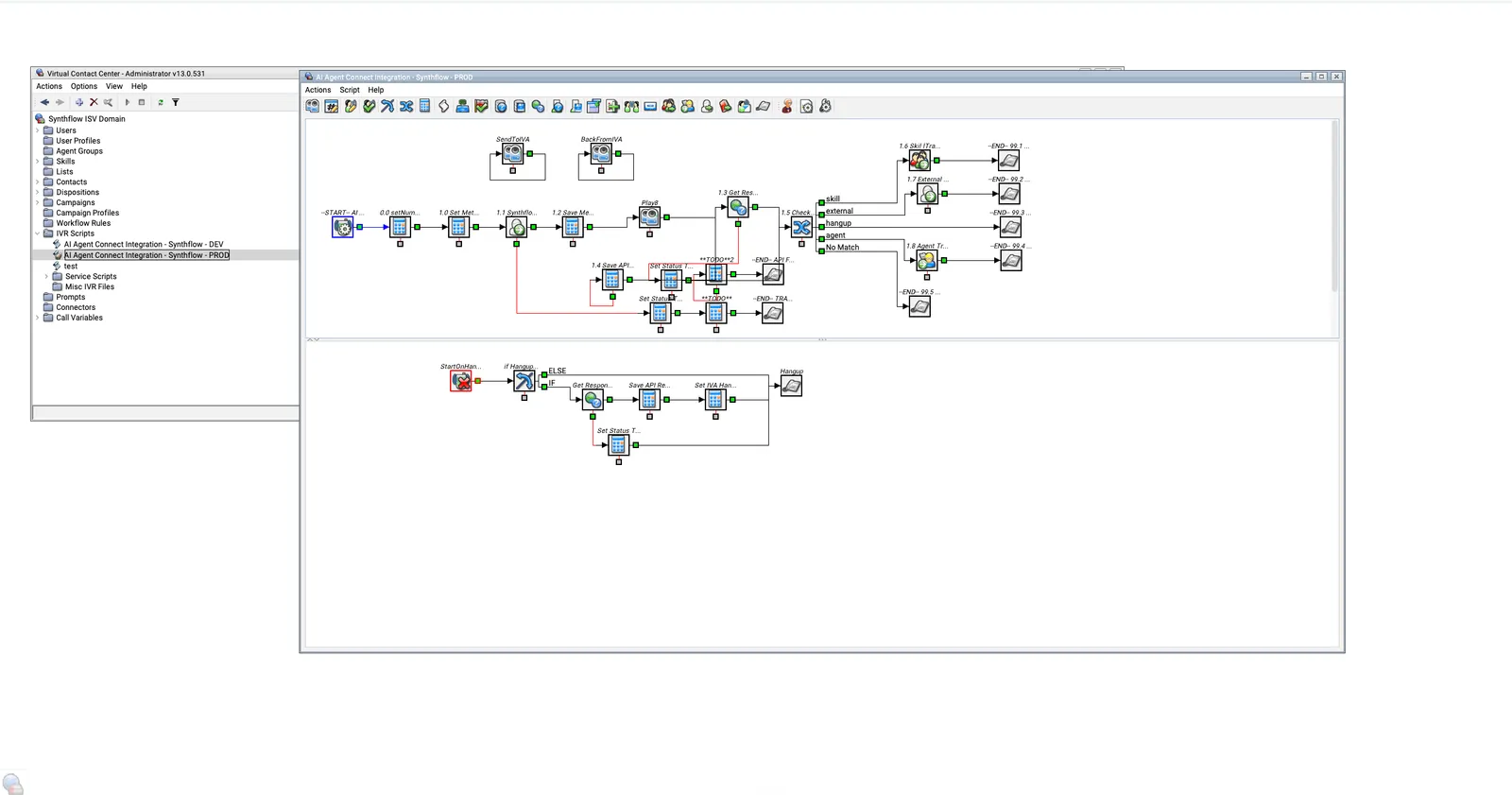 Five9 VCC Administrator showing the AI Agent Connect integration IVR script with the main flow and the StartOnHangup path