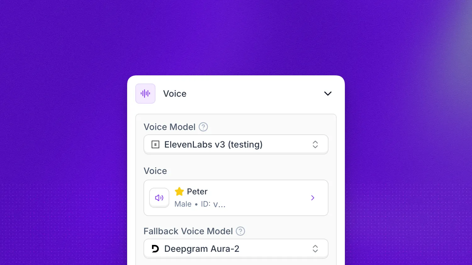 Voice settings in the agent editor showing Voice Model, Voice, Fallback Voice Model, Fallback Voice, Patience Level, Speed, Volume, Speaker Boost, and the Advanced Settings panel