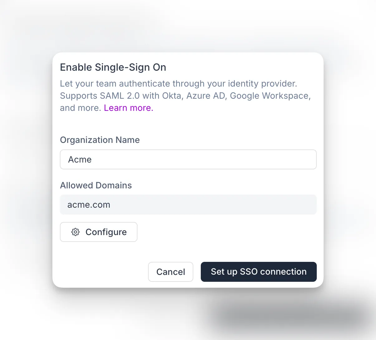 Enable SSO with organization name and allowed domain