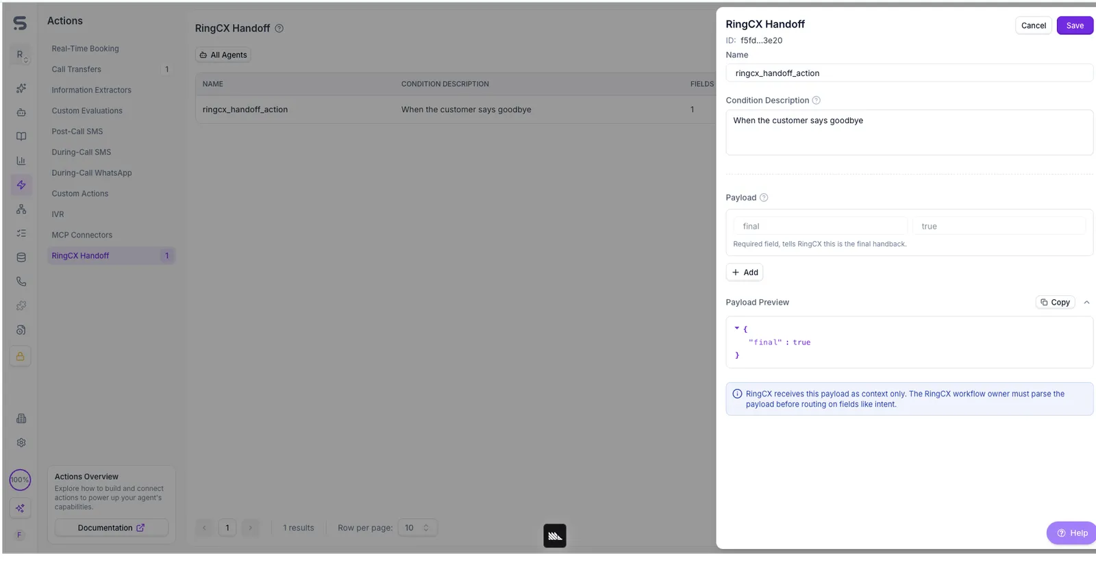 RingCX Handoff action configuration showing condition description, payload fields, and payload preview