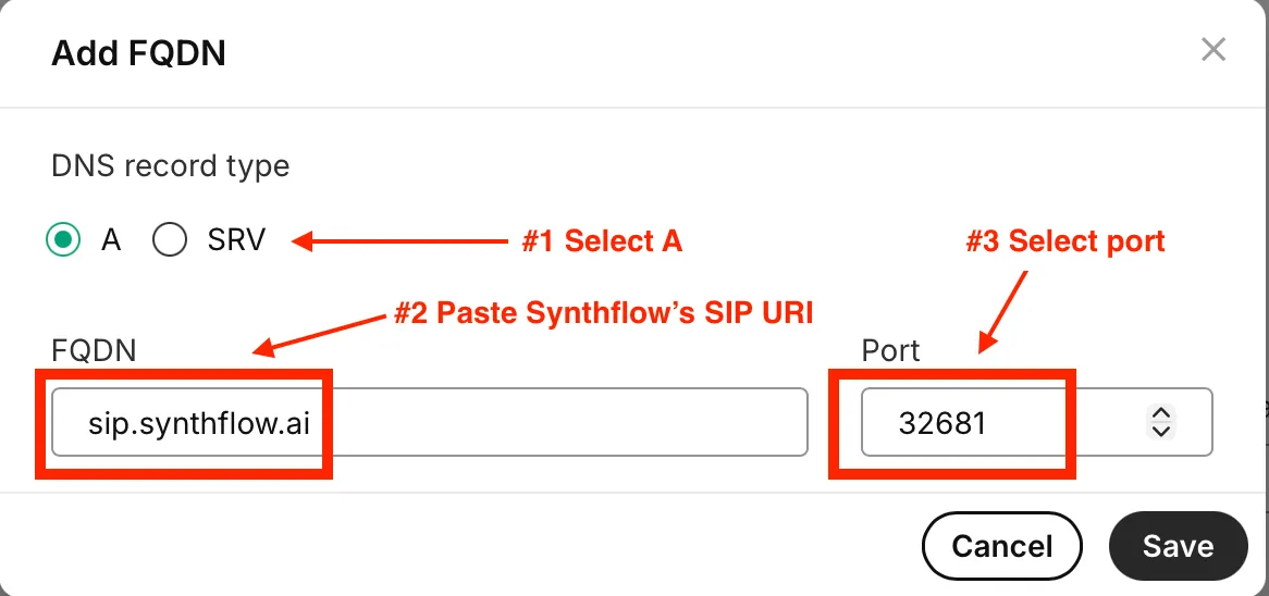 Telnyx Add FQDN modal with the Synthflow SIP server and port 32681