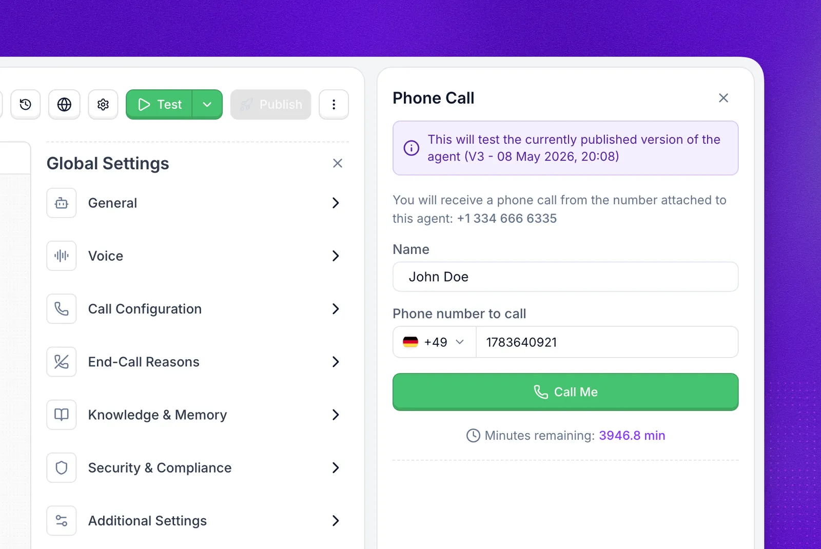 Phone call test panel