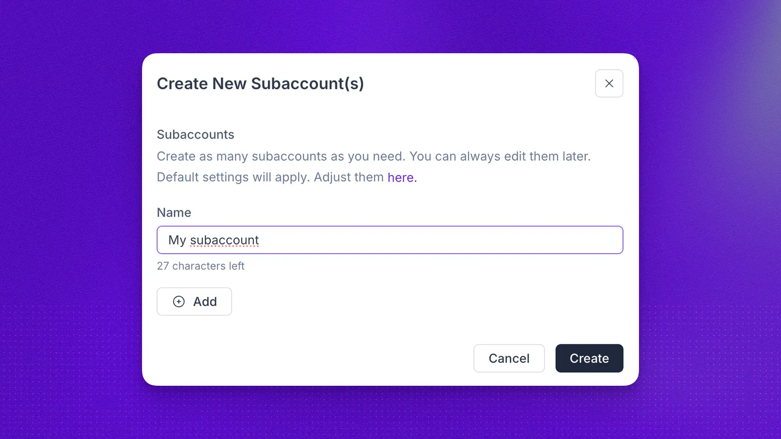 Create subaccount