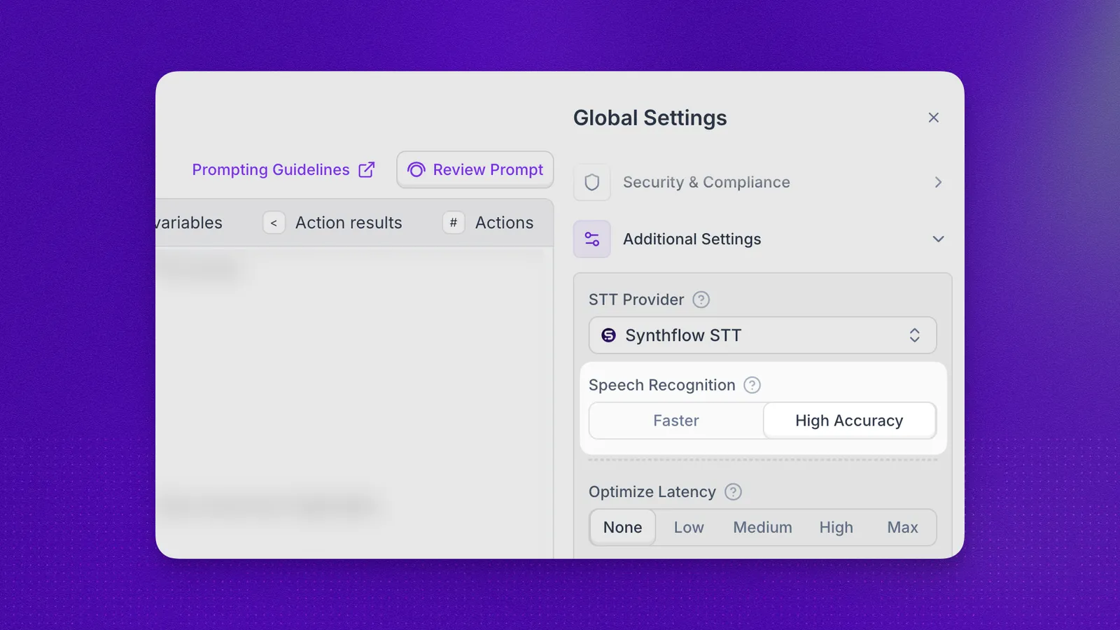 Speech Recognition setting in Additional Settings with the Faster and High Accuracy options