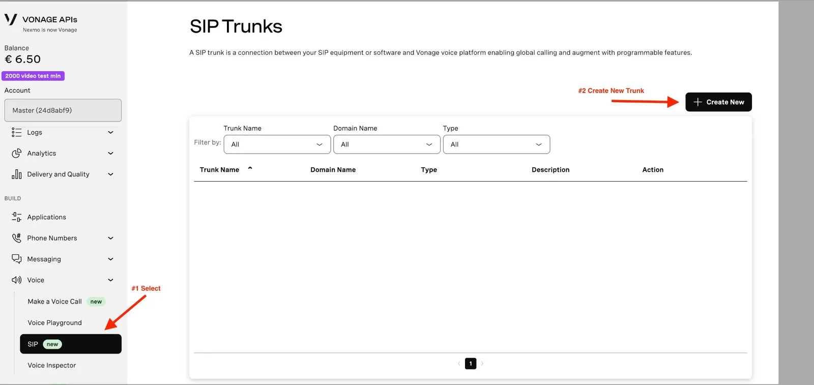 Vonage API dashboard showing the SIP trunks list and the Create New button